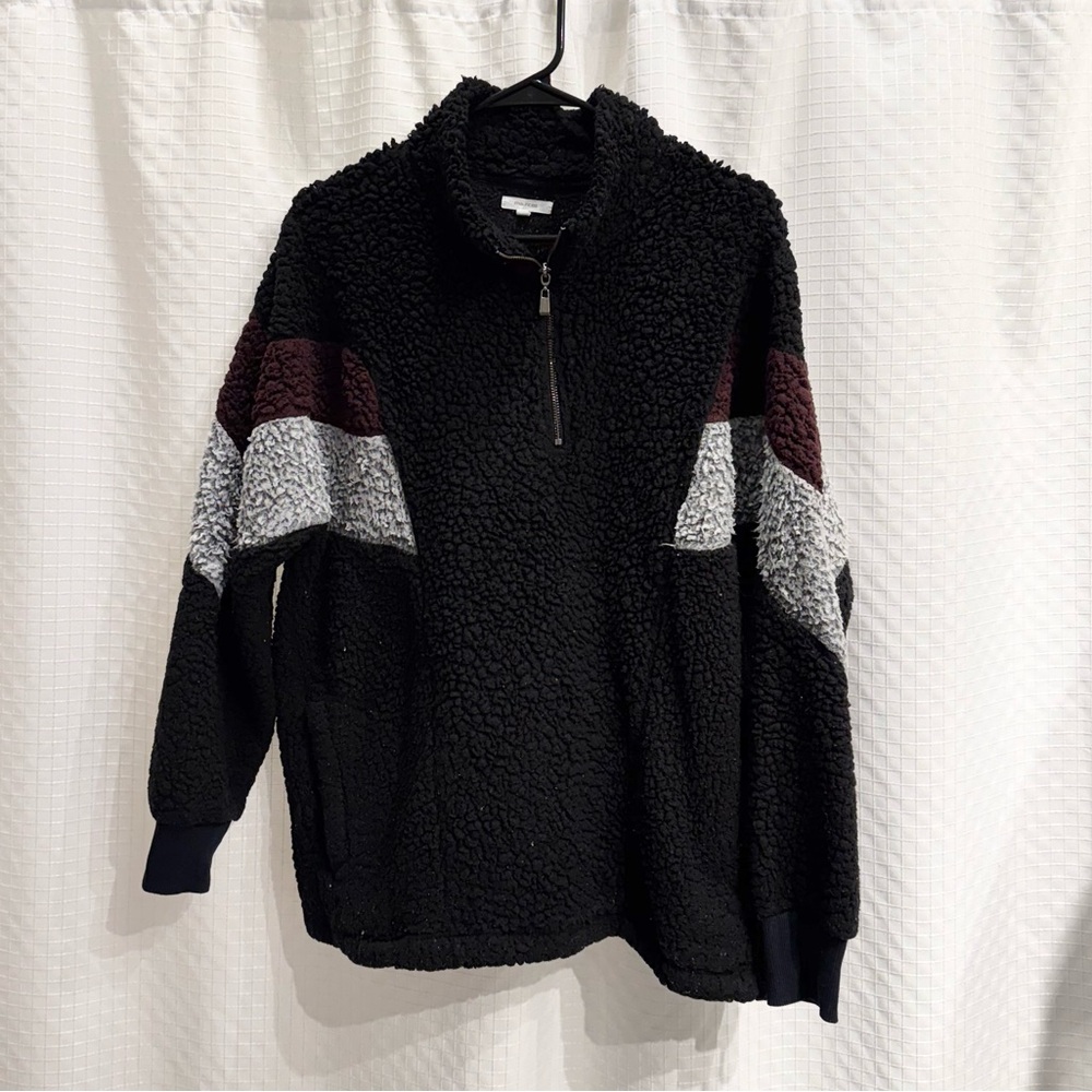 Maurices Black & Maroon & Gray Textured Sherpa Pullover Quarterzip - XL